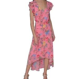 KARL LAGERFELD Floral High Low Flutter Sleeve Dress
